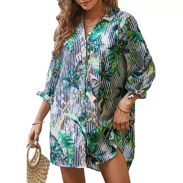 imageCUPSHE Women Floral Shirt 34 Sleeve Beach Cover Up Button DownGreen