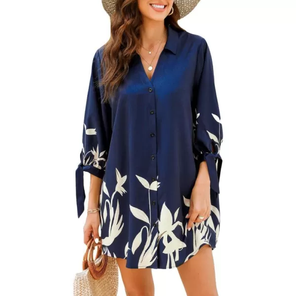 imageCUPSHE Women Floral Shirt Dress Mini Dress Beach Dress 34 Sleeve Button Down Midi Length DressBlue Floral