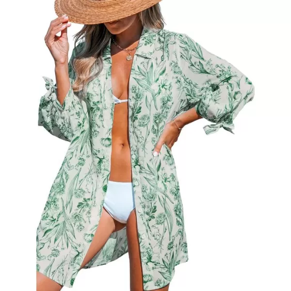 imageCUPSHE Women Floral Shirt Dress Mini Dress Beach Dress 34 Sleeve Button Down Midi Length DressGreen Floral