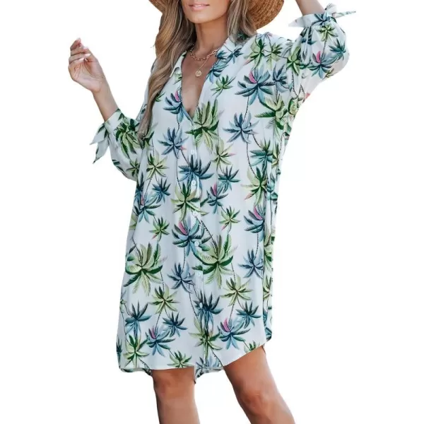 imageCUPSHE Women Floral Shirt Dress Mini Dress Beach Dress 34 Sleeve Button Down Midi Length DressGreen Leaf
