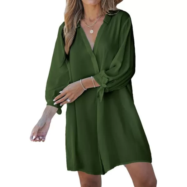 imageCUPSHE Women Floral Shirt Dress Mini Dress Beach Dress 34 Sleeve Button Down Midi Length DressOlive Green