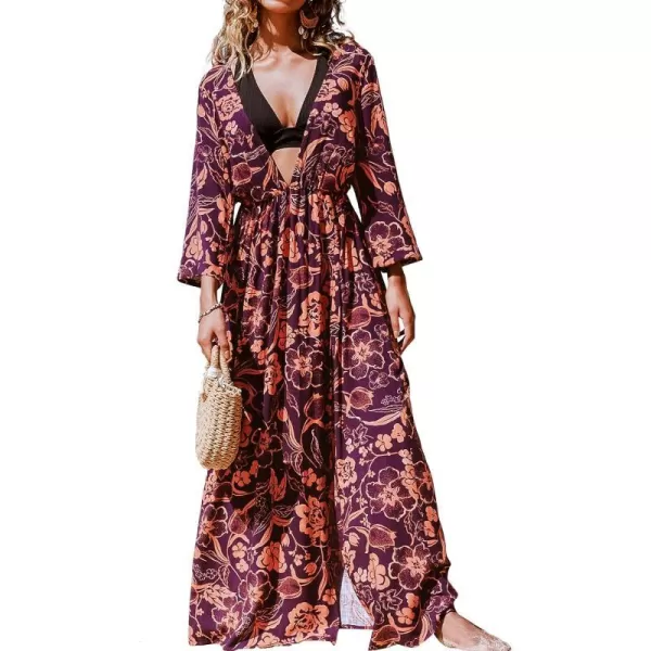 imageCUPSHE Women Floral V Neck Split Cover Up Plunge 34 Sleeve Elastic Waist Classical Maxi DressRed