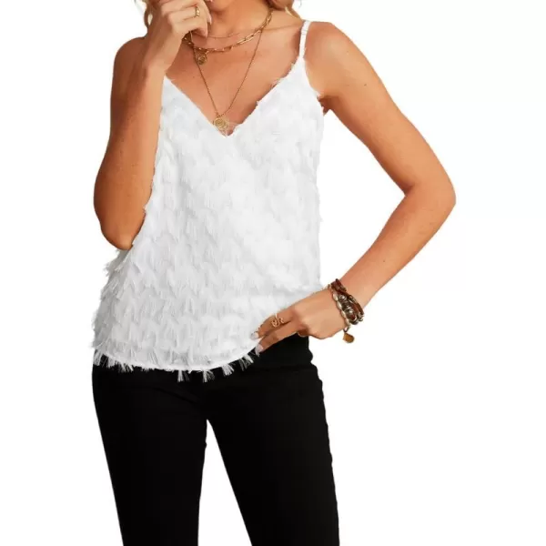 imageCUPSHE Women Fringe Cropped Cami Top Sexy V Neck Spaghetti Straps Shirt BlouseWhite