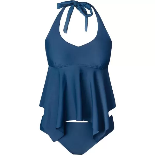 imageCUPSHE Women Halter Back Hood Tankini Set Ruffled Side Scoop Neck Bikini Swimsuit Low Rise Hipster Brief BottomBlue