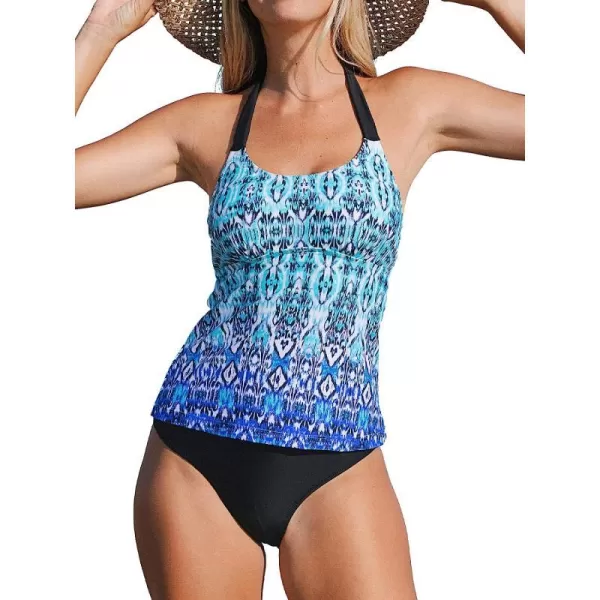 imageCUPSHE Women Halter Tankini Swimsuit Ethnic Print Self Tie Backless Modest Blue Tankini SuitMulticolor