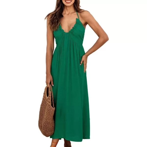 imageCUPSHE Women Halter VNeck Beach Long Dress Summer Relaxed Fit Ruching DressesGreen
