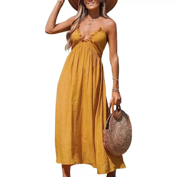 imageCUPSHE Women Halter VNeck Beach Long Dress Summer Relaxed Fit Ruching DressesYellow