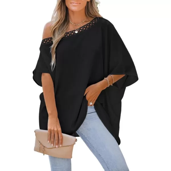 imageCUPSHE Women Lace Asymmetrical Neck Top Short Sleeves Tee Shirts Sexy CasualBlack