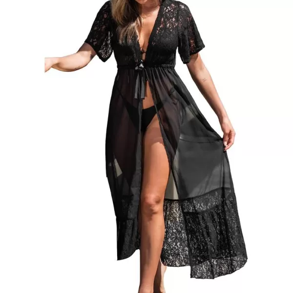 imageCUPSHE Women Lace CoverUp Duster Kimono Dress Casual Summer Short Sleeves Maxi Cover UpBlack