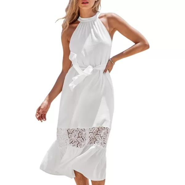 imageCUPSHE Women Lace Dress Halter Belted Sleeveless White A Line Formal Summer DressesWhite