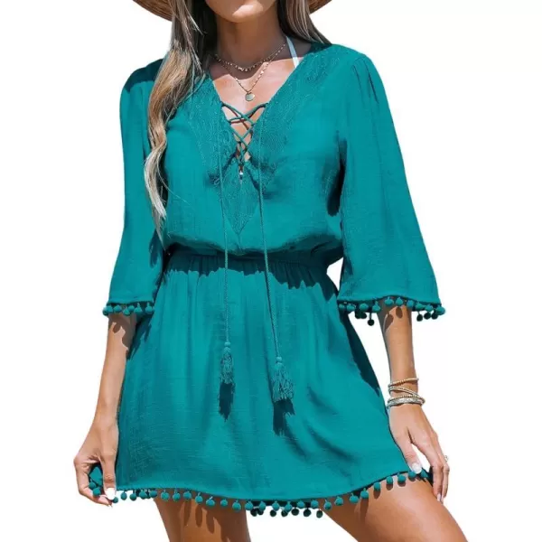 imageCUPSHE Women LaceUp Tassel CoverUp Dress Casual Summer Quarter Sleeves Solid Cover UpBlue