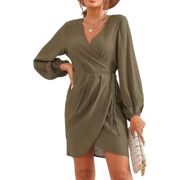 imageCUPSHE Women Lantern Long Sleeve Wrap Dress Winter VNeck Half Formal Slit Midi DressesArmy Green