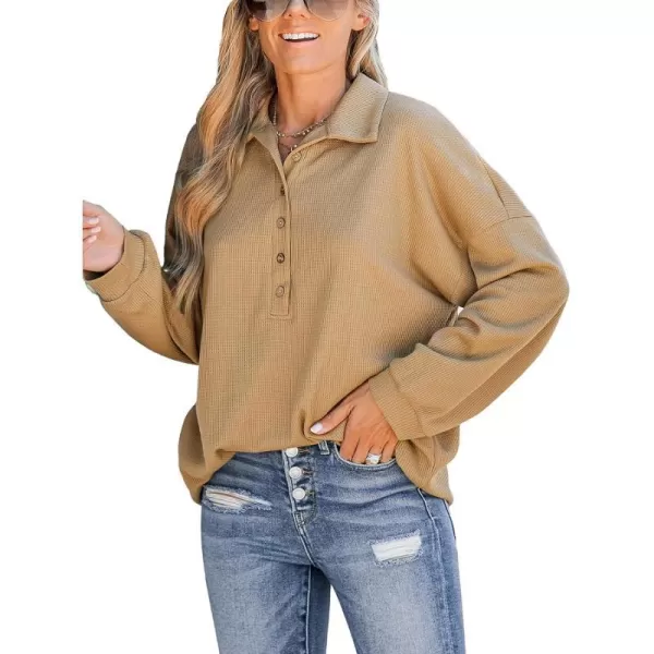 imageCUPSHE Women Latte Waffle Knit ButtonFront Pullover Blouse Top Long SleeveApricot