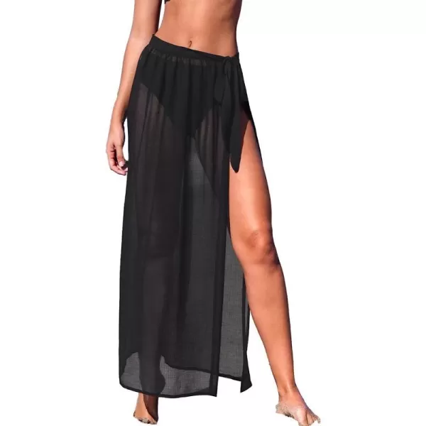 imageCUPSHE Women Long Length Sarong Tie Waist Sheer Cover Up SolidBlack