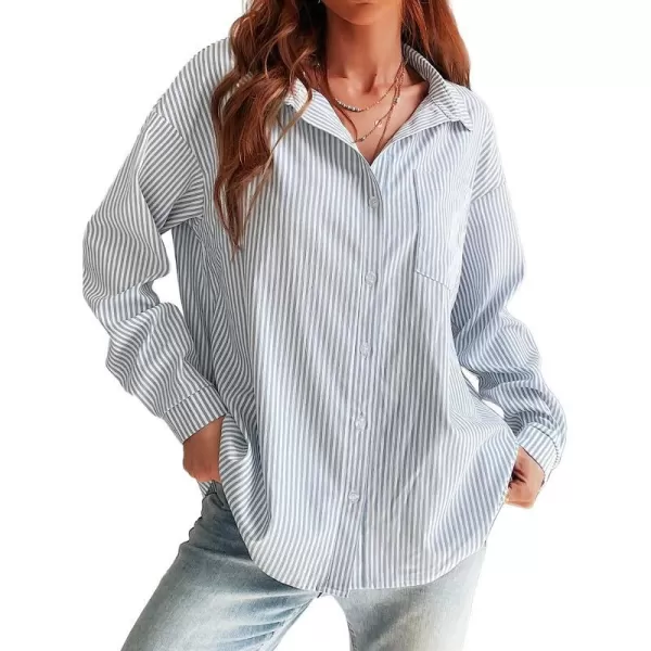 imageCUPSHE Women Long Sleeve Button Down Tops Casual Loose Fit V Neck Stripe BlouseBlue