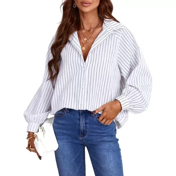 imageCUPSHE Women Long Sleeve Button Down Tops Casual Loose Fit V Neck Stripe BlouseWhite