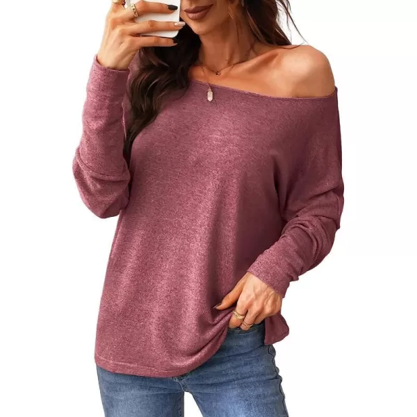 imageCUPSHE Women Long Sleeve Off The Shoulder Knitted Tops Casual Loose Fit Solid PulloverRose Red