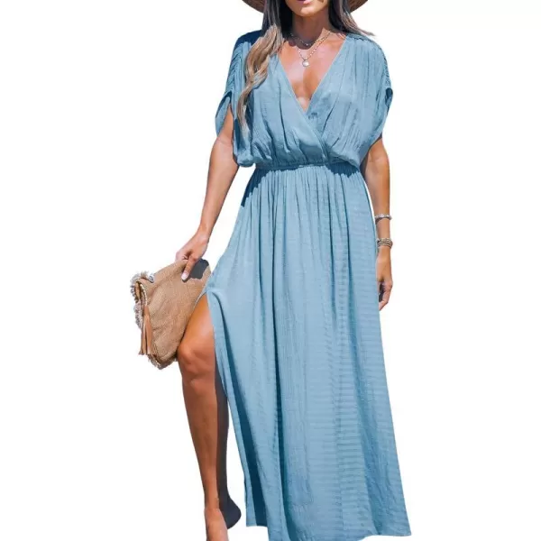 imageCUPSHE Women Loose Fit Cover Ups Wrap VNeck Ruched Maxi Dress Summer Short Sleeve Side Slit Beach Coverup DressesBlue