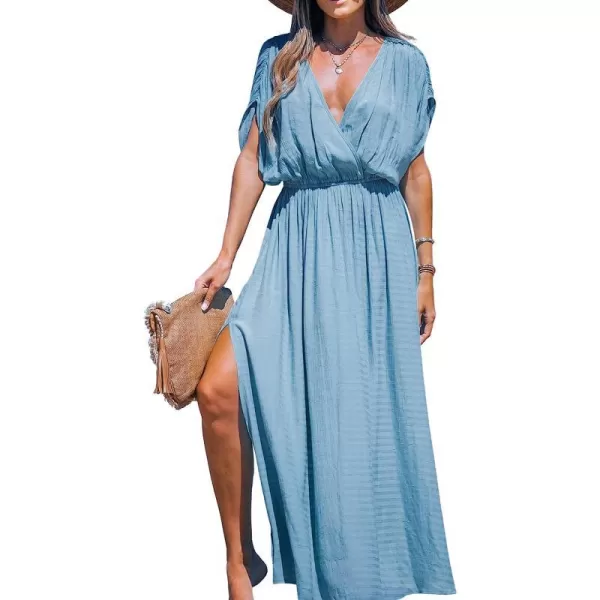 imageCUPSHE Women Loose Fit Wrap VNeck Ruched Maxi Dress Summer Short Sleeve Side Slit Beach DressesBlue
