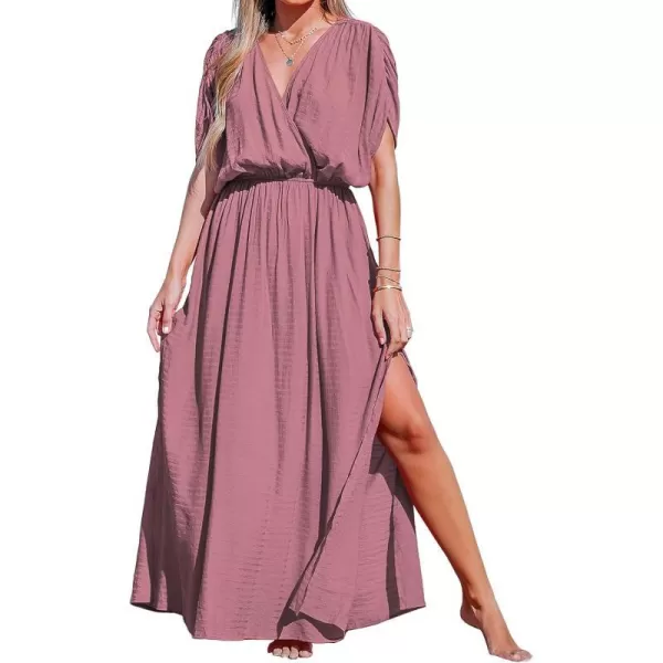 imageCUPSHE Women Loose Fit Wrap VNeck Ruched Maxi Dress Summer Short Sleeve Side Slit Beach DressesBrick