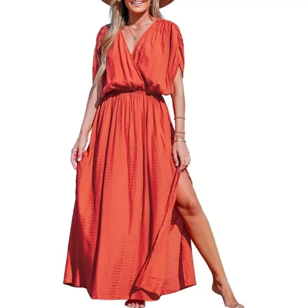 imageCUPSHE Women Loose Fit Wrap VNeck Ruched Maxi Dress Summer Short Sleeve Side Slit Beach DressesDeep Coral Red