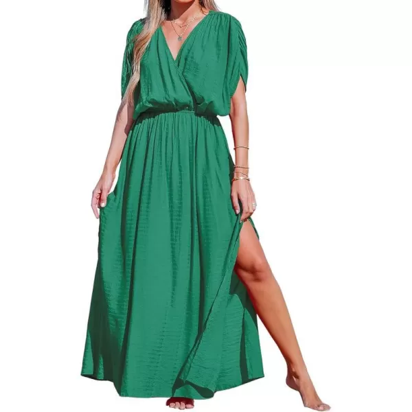 imageCUPSHE Women Loose Fit Wrap VNeck Ruched Maxi Dress Summer Short Sleeve Side Slit Beach DressesGreen
