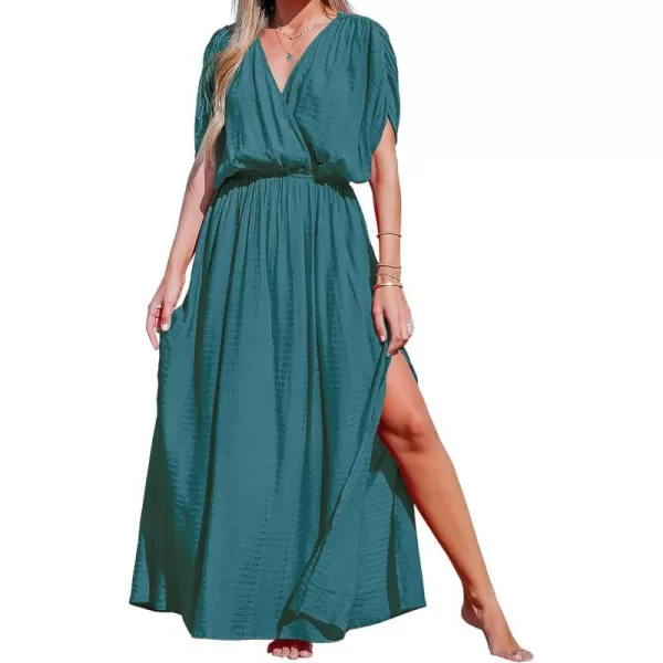 imageCUPSHE Women Loose Fit Wrap VNeck Ruched Maxi Dress Summer Short Sleeve Side Slit Beach DressesTurquoise