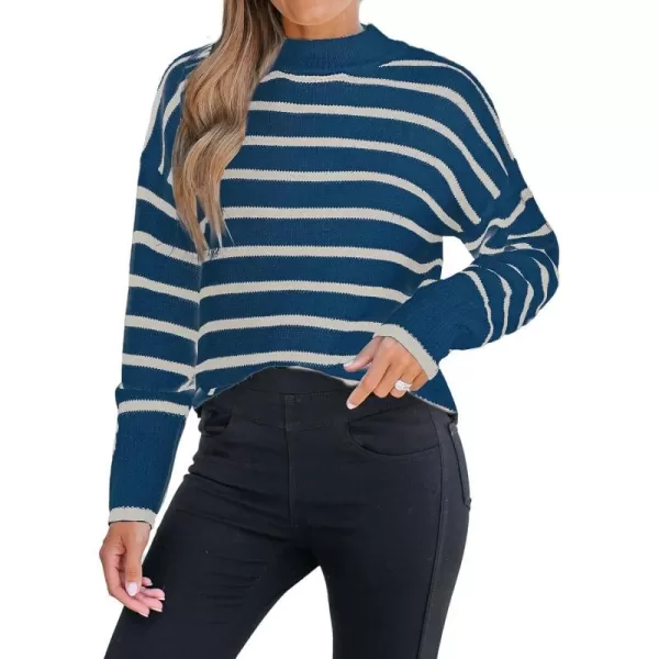 imageCUPSHE Women Mock Neck Sweater Tops Long Sleeve Sweaters Stripes Pullover Casual ShirtsBlue