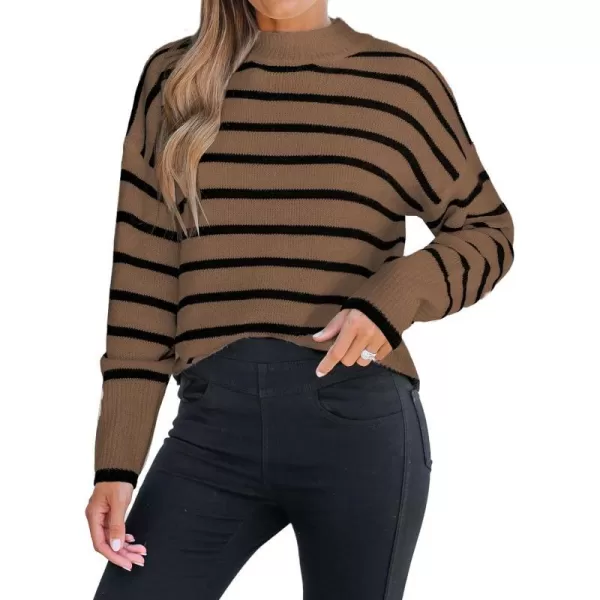 imageCUPSHE Women Mock Neck Sweater Tops Long Sleeve Sweaters Stripes Pullover Casual ShirtsBrown
