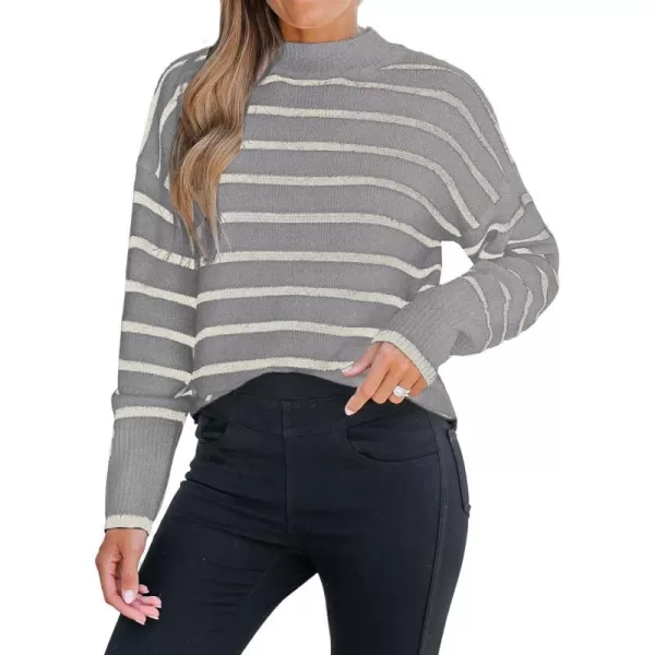 imageCUPSHE Women Mock Neck Sweater Tops Long Sleeve Sweaters Stripes Pullover Casual ShirtsGray