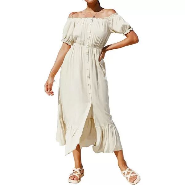 imageCUPSHE Women Off Shoulder Elastic Waist Tea Dress with Short Bubble SleevesBeige