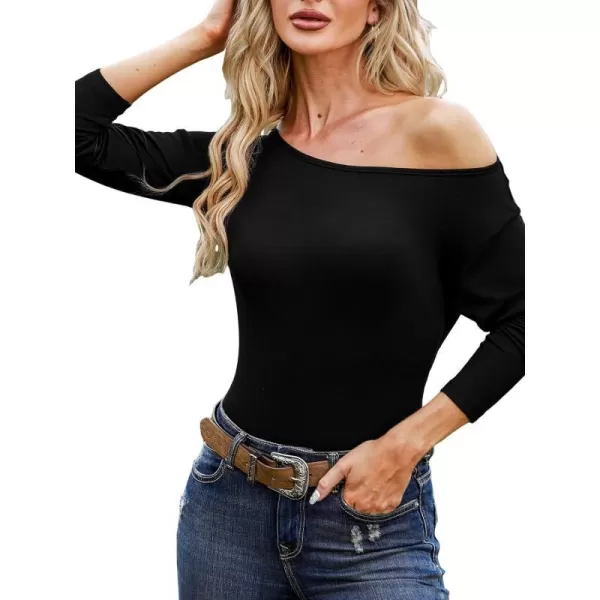 imageCUPSHE Women Off Shoulder Long Sleeves Soft Ribbed Knit Lightweight Pullover Sweater TopsBlack
