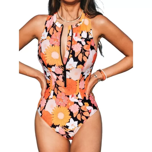 imageCUPSHE Women One Piece Bathing Suits High Neck Sleeveless Zipper TSplice Swimsuit SlimmingOrange Floral