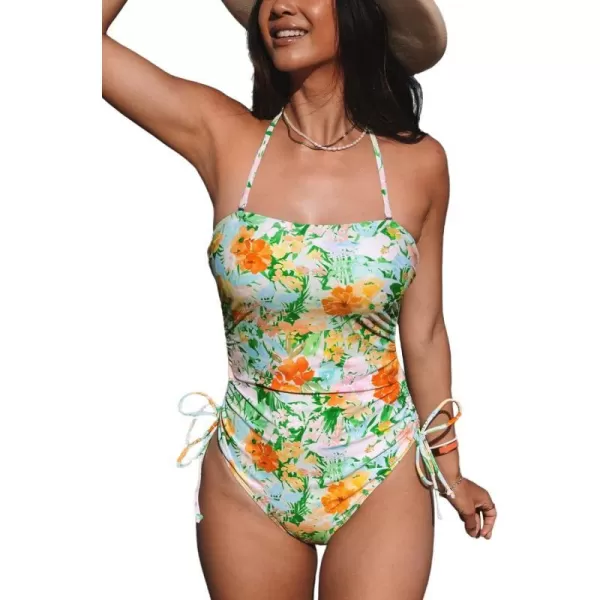 imageCUPSHE Women One Piece Bathing Suits Square Neck Tummy Control Swimsuit Drawstring Removable StrapsGreen Orange Floral