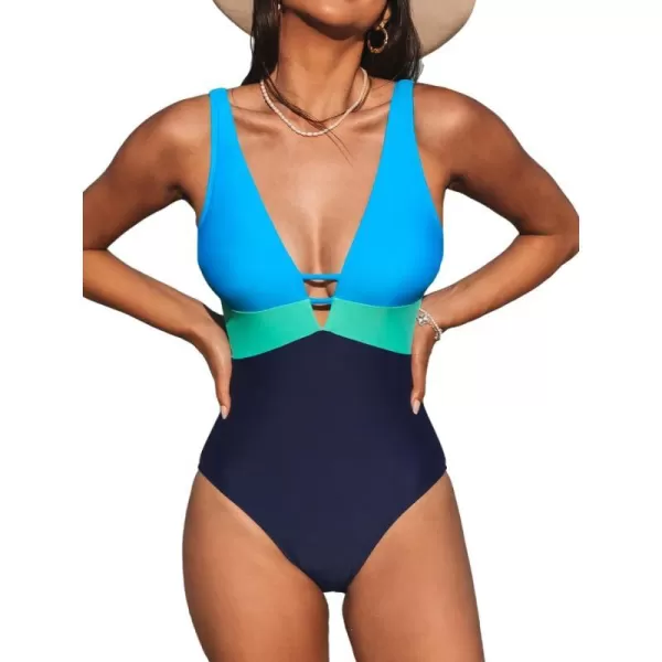 imageCUPSHE Women One Piece Swimsuit Bathing Suit Cutout V Neck Adjustable Straps Color Block O RingBlueGreen