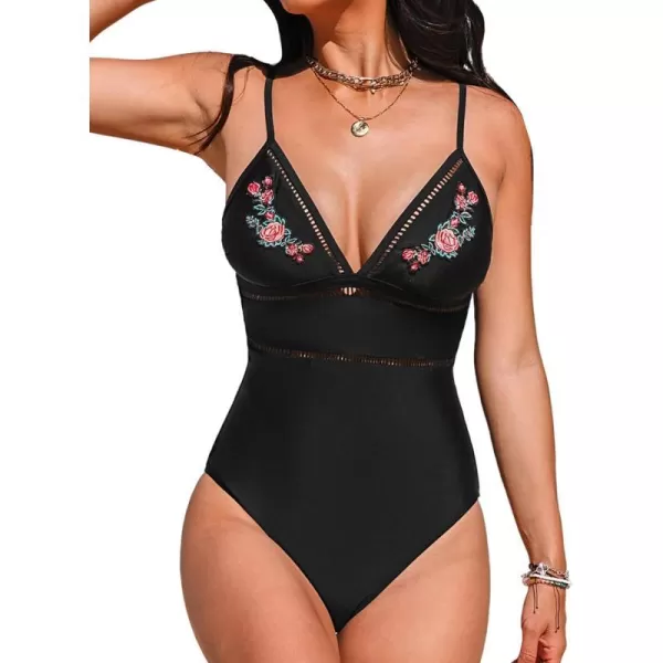 imageCUPSHE Women One Piece Swimsuit Cutout V Neck Adjustable Straps Ladder Trim Embroider Bathing SuitBlack Floral