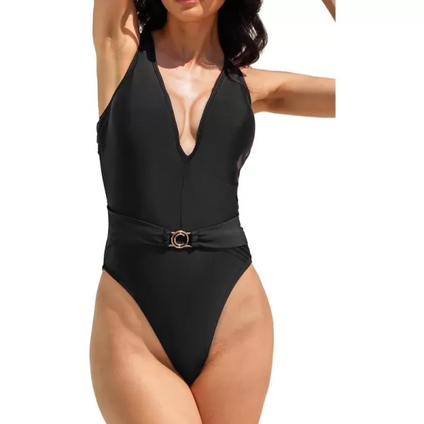 imageCUPSHE Women One Piece Swimsuit Deep V Neck Crisscross Back Cheeky Bathing SuitsBlack