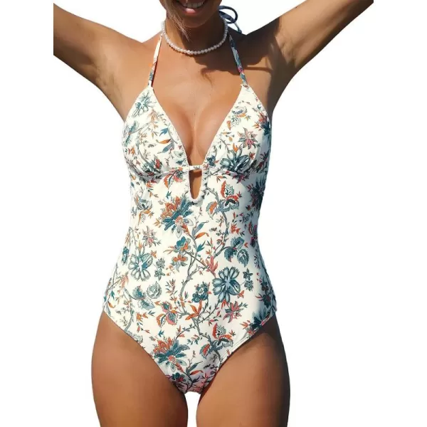 imageCUPSHE Women One Piece Swimsuit Deep V Neck Halter Backless Shell Stitch Trim Bathing SuitsWhite Boho Print