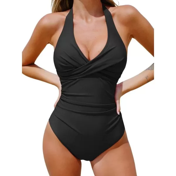 imageCUPSHE Women One Piece Swimsuit Deep V Neck Tummy Control Halter Twisted Backless Bathing SuitsBlack