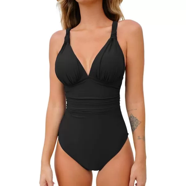 imageCUPSHE Women One Piece Swimsuit Deep V Neck Tummy Control Ruched V Back Classic Bathing SuitsBlack