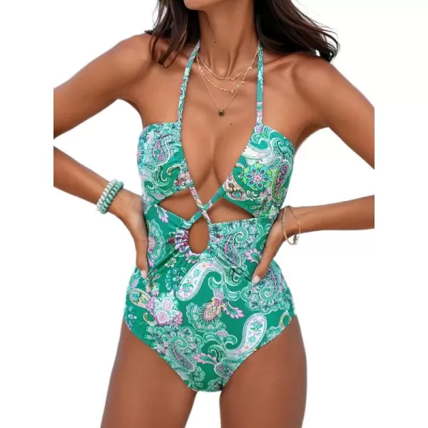imageCUPSHE Women One Piece Swimsuit Drawstring Cutouts Halter Low Back Paisley Print Bathing SuitsGreen Paisley