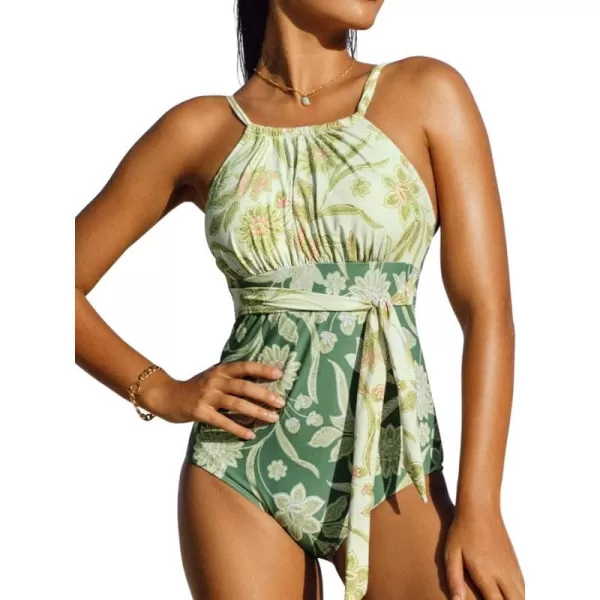 imageCUPSHE Women One Piece Swimsuit High Neck Ruched Self Tie Low Back Bathing SuitGreen Floral