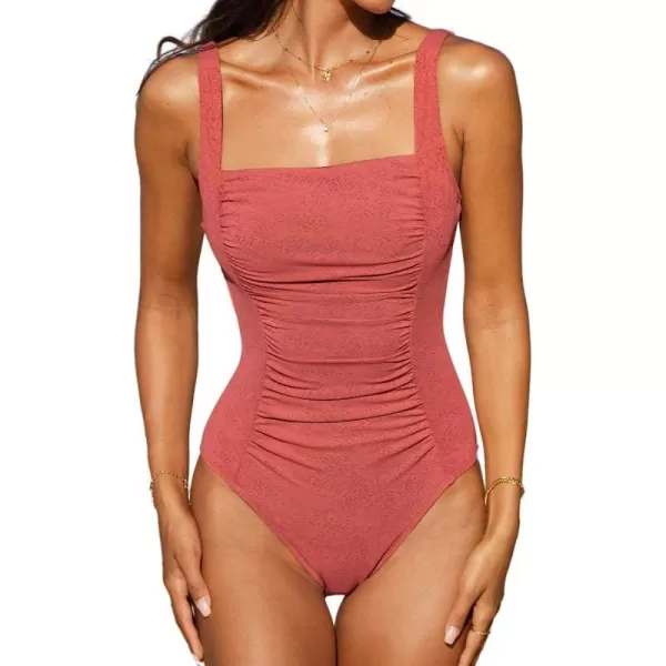 imageCUPSHE Women One Piece Swimsuit Ruched Tummy Control Low Back Adjustable Straps Bathing SuitsCoral