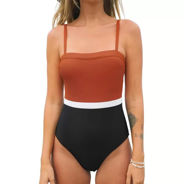 imageCUPSHE Women One Piece Swimsuit Square Neck Low Back Adjustable StrapsBlackBrown
