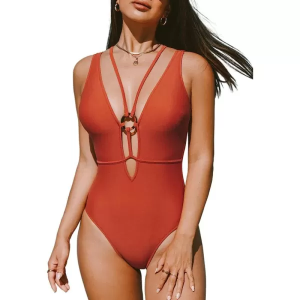 imageCUPSHE Women One Piece Swimsuits O Ring Red Strappy Lace Up Monokini Swimsuits Bathing SuitBrick Red