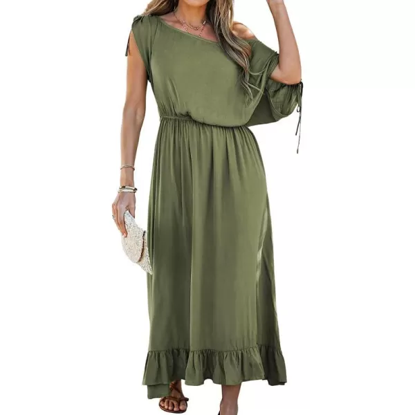 imageCUPSHE Women One Shoulder Flounce Maxi Dress Summer Loose Fit Elastic Waist Beach Long DressesArmy Green