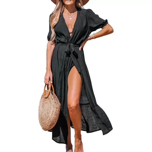 imageCUPSHE Women OpenFront CoverUp Kimono Short Sleeves Cover Up Dress Casual Summer Longline Hem Cover UpsBlack
