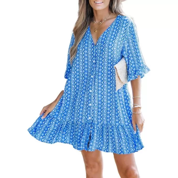 imageCUPSHE Women Ornate Print Buttoned CoverUp Dress Short Sleeves V Neck Cover Up SummerBlue