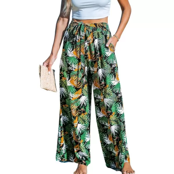 imageCUPSHE Women Pants Tropical Palm Wide Leg Loose Fit Waist Tie Long Pant Casual BeachBlack
