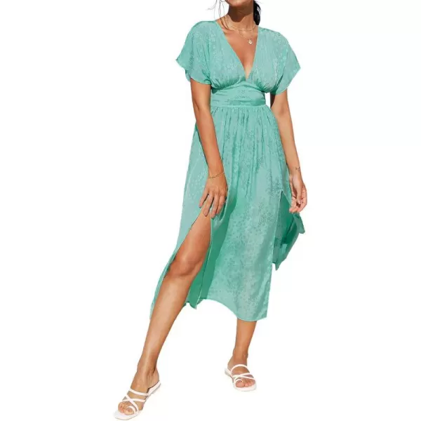 imageCUPSHE Women Plunge Cut Out Back Split Side Maxi Dress with Short Bat SleevesGreen